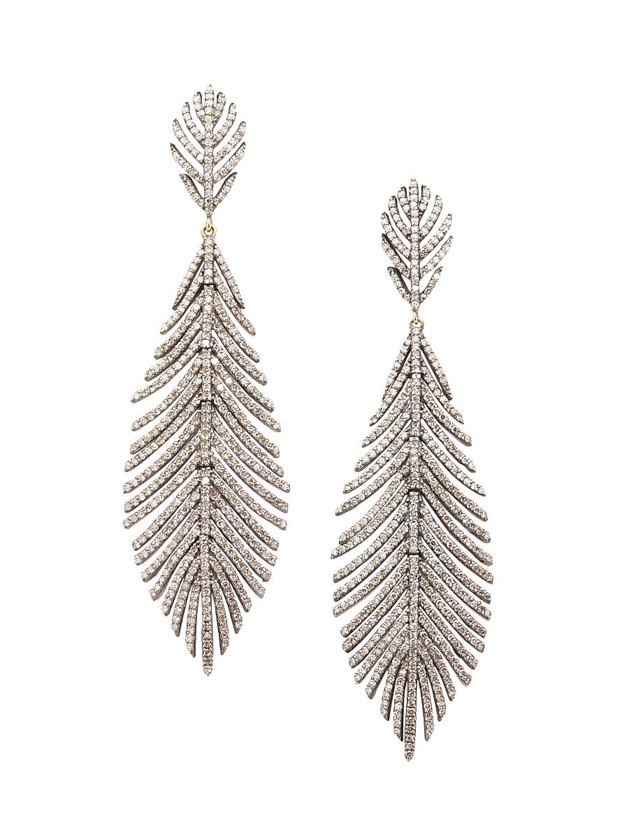 Women's Pavé Diamond Feather Drop Earrings - Silvertone