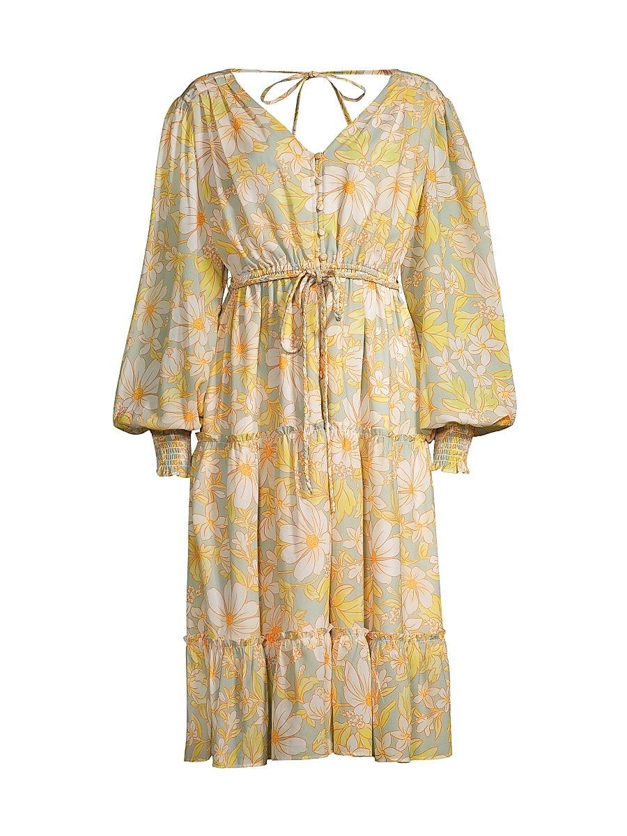 Women's Daisy Floral Chiffon Drawstring Midi-Dress - Daisy Floral - Size Large