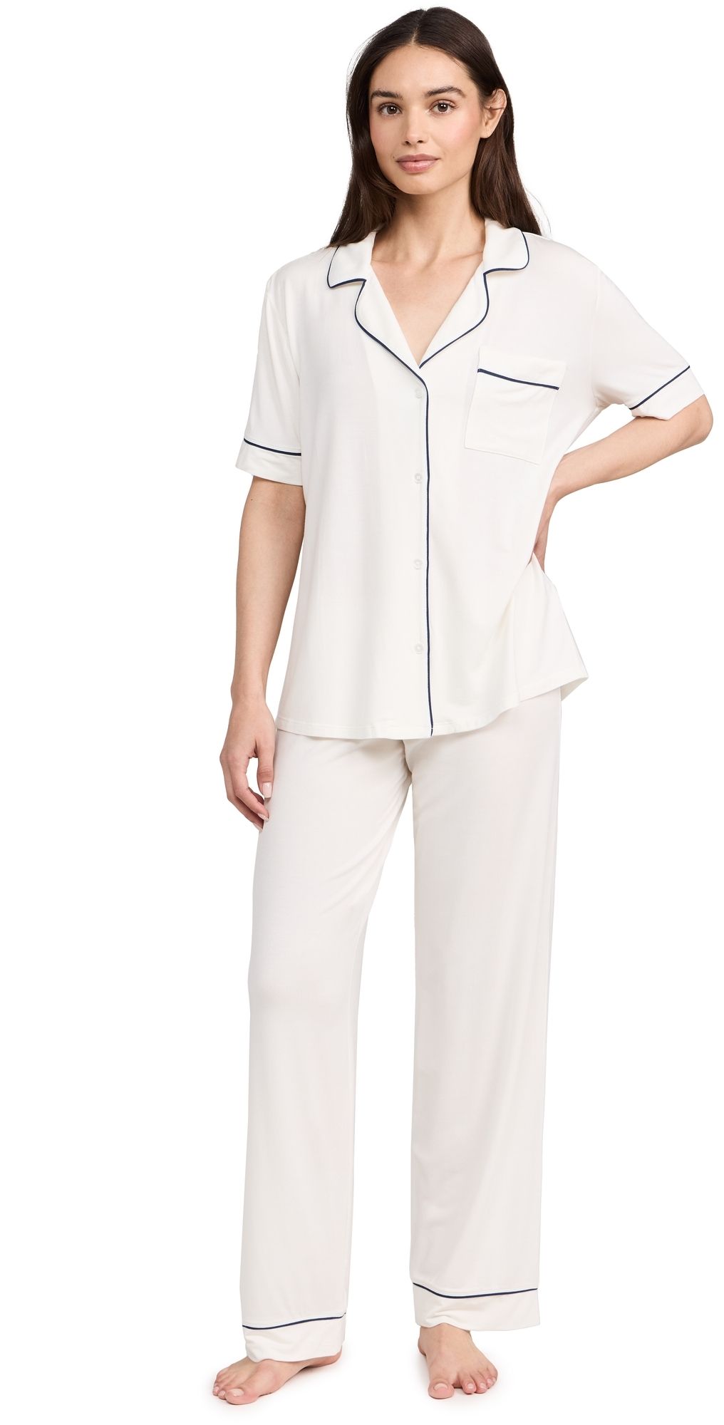 Eberjey Gisele The Short Sleeve Long Pajama Set Pure Ivory/Navy L