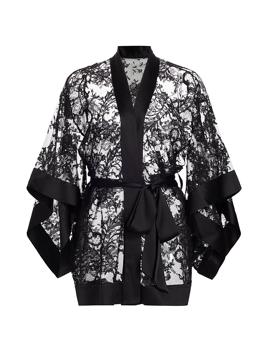 Women's Camille Floral Lace Robe - Black - Size Medium