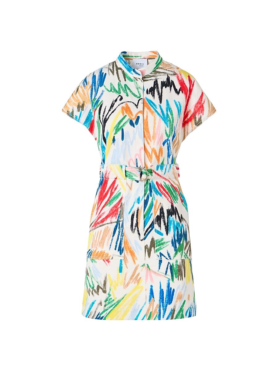 Women's Abstract Stretch-Denim Belted Minidress - Cream Multi - Size 14