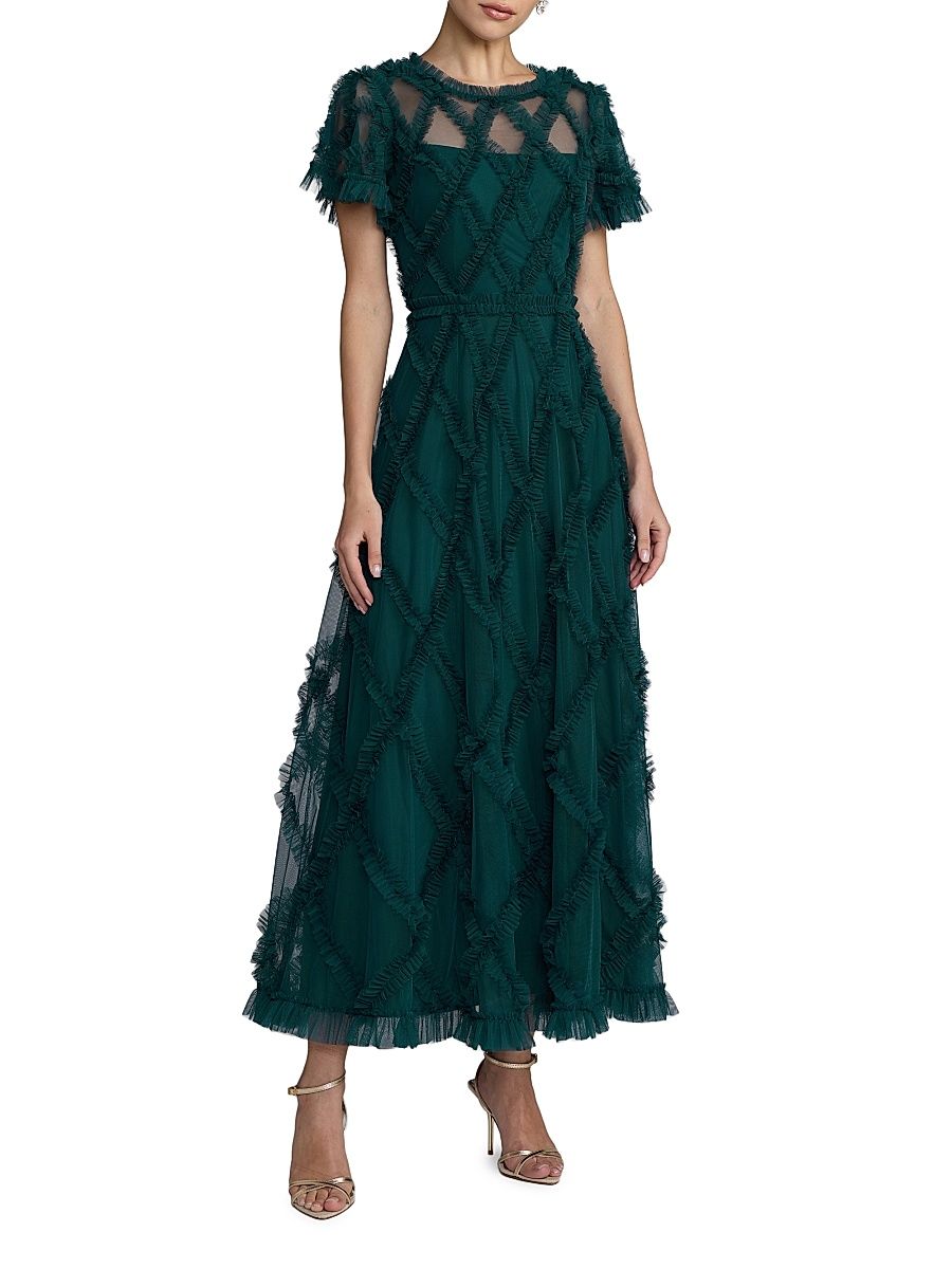 Women's Ruffled Diamond-Quilted Mesh Gown - Teal - Size 6