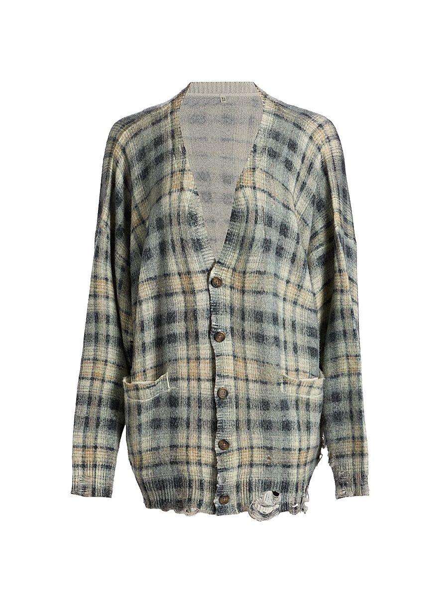 Women's Plaid Wool-Cashmere Oversized Cardigan - Grey Black Plaid - Size XS