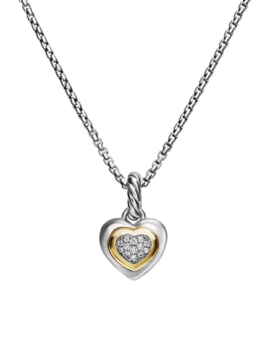 Women's Petite Cable Heart Pendant Necklace in Sterling Silver with 14K Yellow Gold and Diamonds, 17.1MM - Diamond