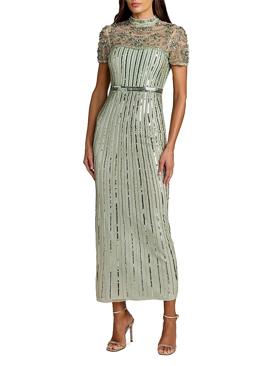 Women's Beaded Sequined Sheath Maxi Dress - Light Sage - Size 14