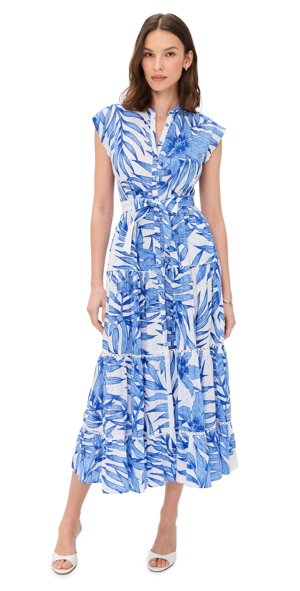 Poupette St Barth Tiered Palm Dress Blue Palm Leaf M