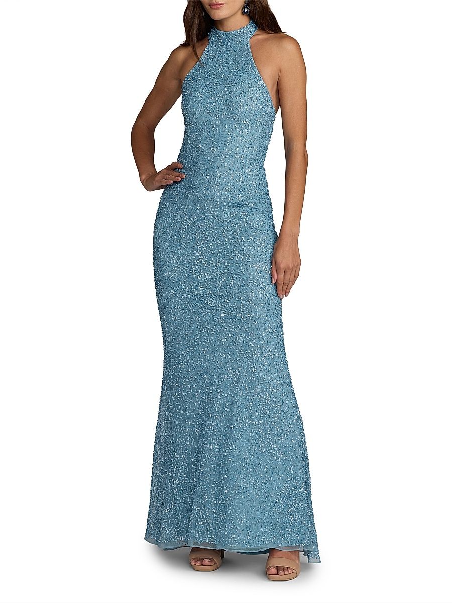 Women's Sequined Halterneck Column Gown - Ice Blue - Size 12