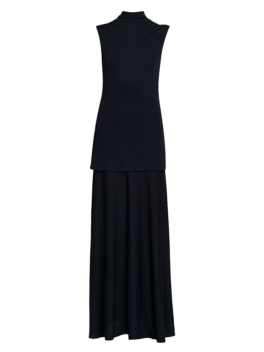 Women's Crepe Mock-Turtleneck Maxi Dress - Navy - Size 12