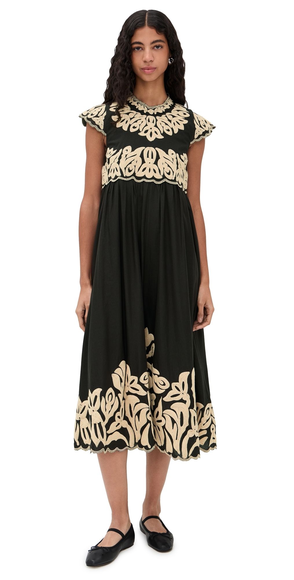Sea Alexandra Embroidery Cap Sleeve Midi Dress Black L