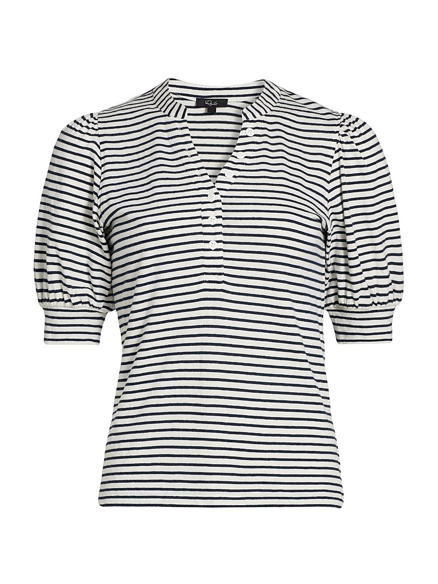 Women's Jewel Striped Cotton Puff-Sleeve Henley - Ivory Navy Microstripe - Size XL