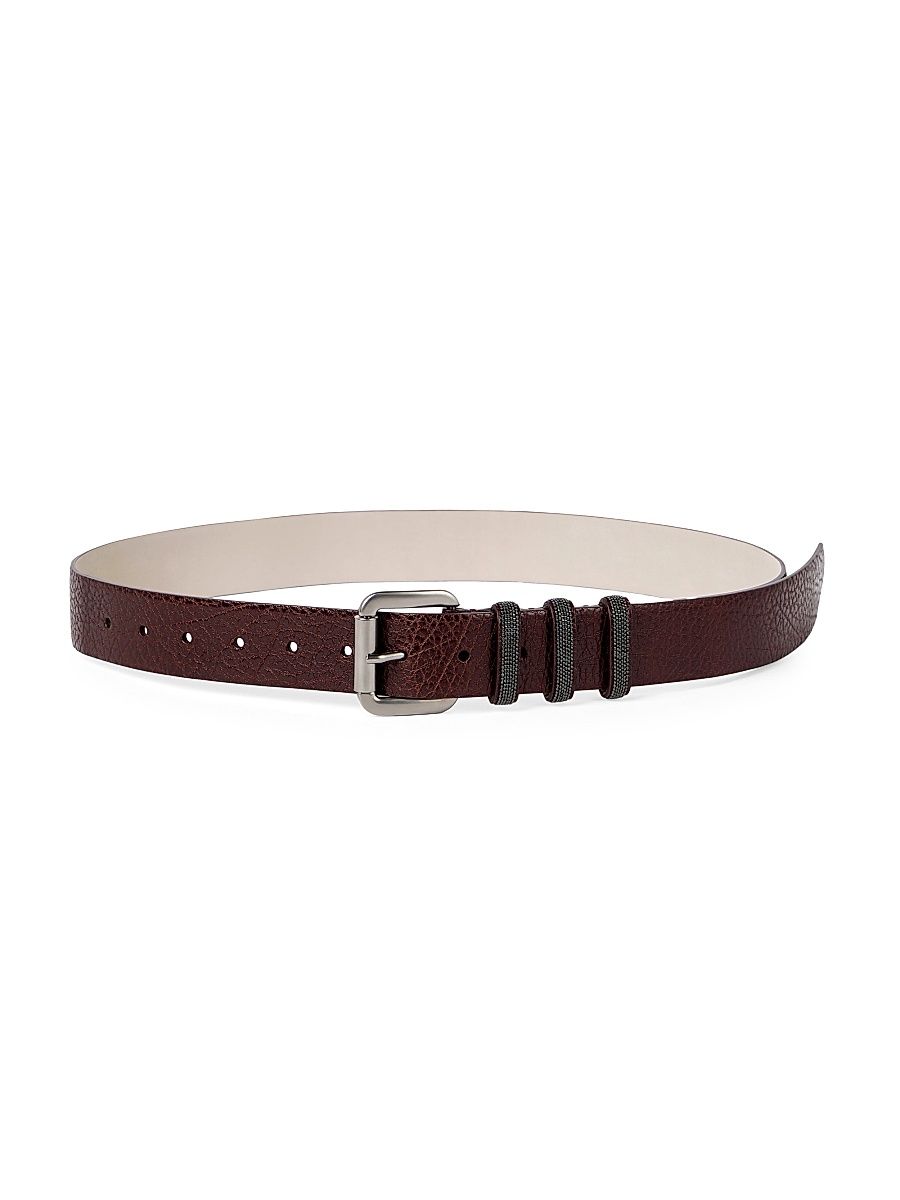 Women's Glossy Hammered Calfskin Belt with Shiny Loops - Burgundy - Size Medium