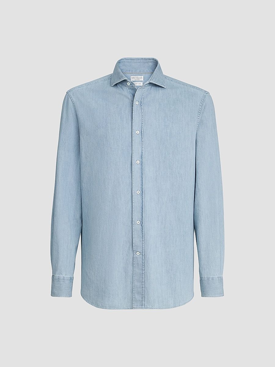 Men's Lightweight Denim Shirt with Spread Collar - Light Blue Denim - Size XXXL