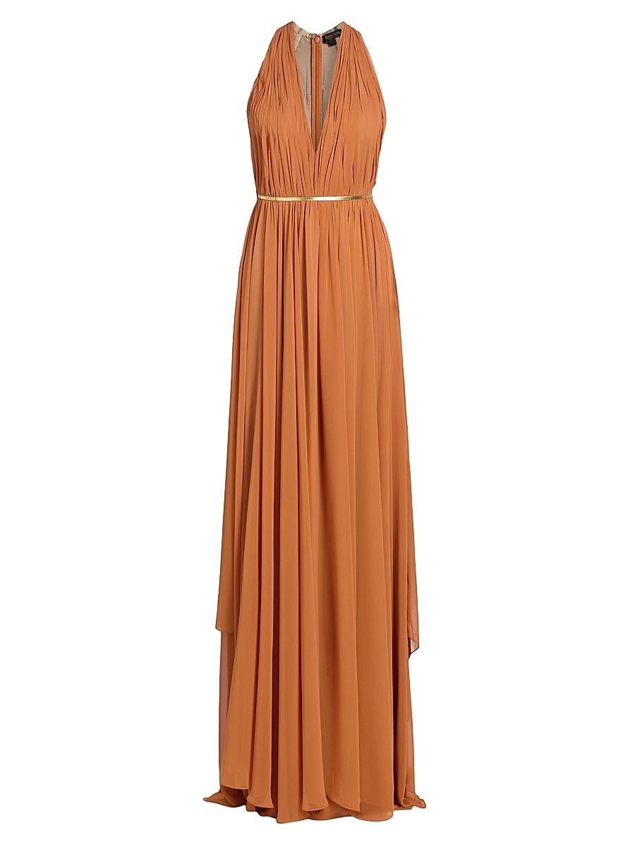 Women's Pleated Chiffon Belted A-Line Gown - Copper Gold - Size 10