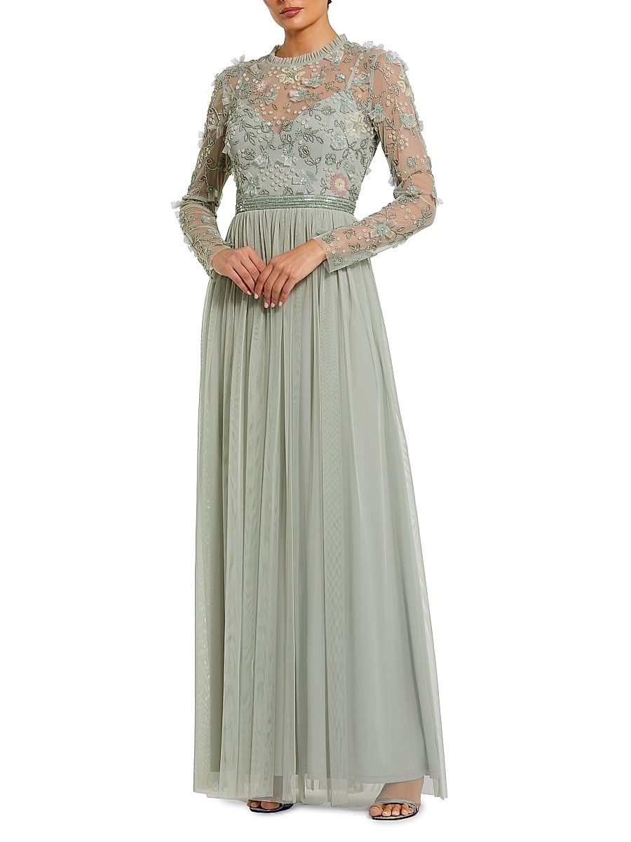 Women's Sequin-Embellished Long-Sleeve Gown - Sage - Size 20