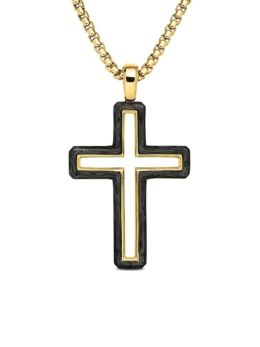 Men's Forged Carbon Cross Pendant in 18K Yellow Gold, 37mm - Forged Carbon