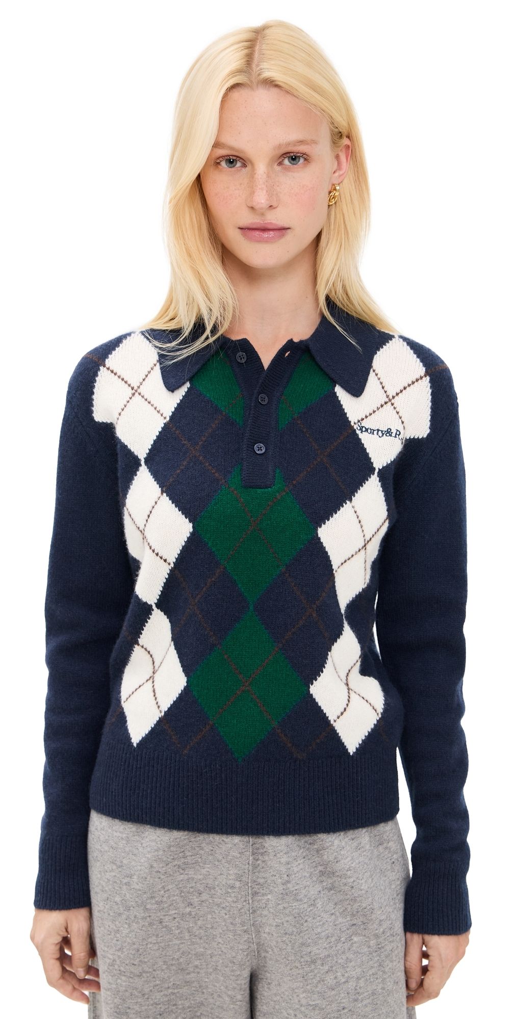 Sporty & Rich Serif Logo Argyle Cashmere Polo Dark Navy XS