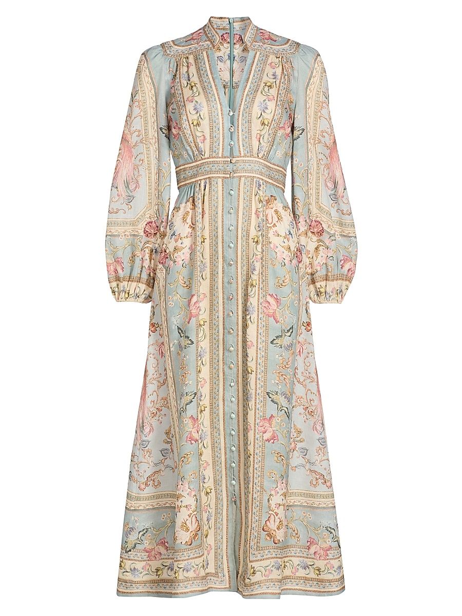 Women's Roselight Plunge Linen Midi-Dress - Blue Tapestry Floral - Size 10
