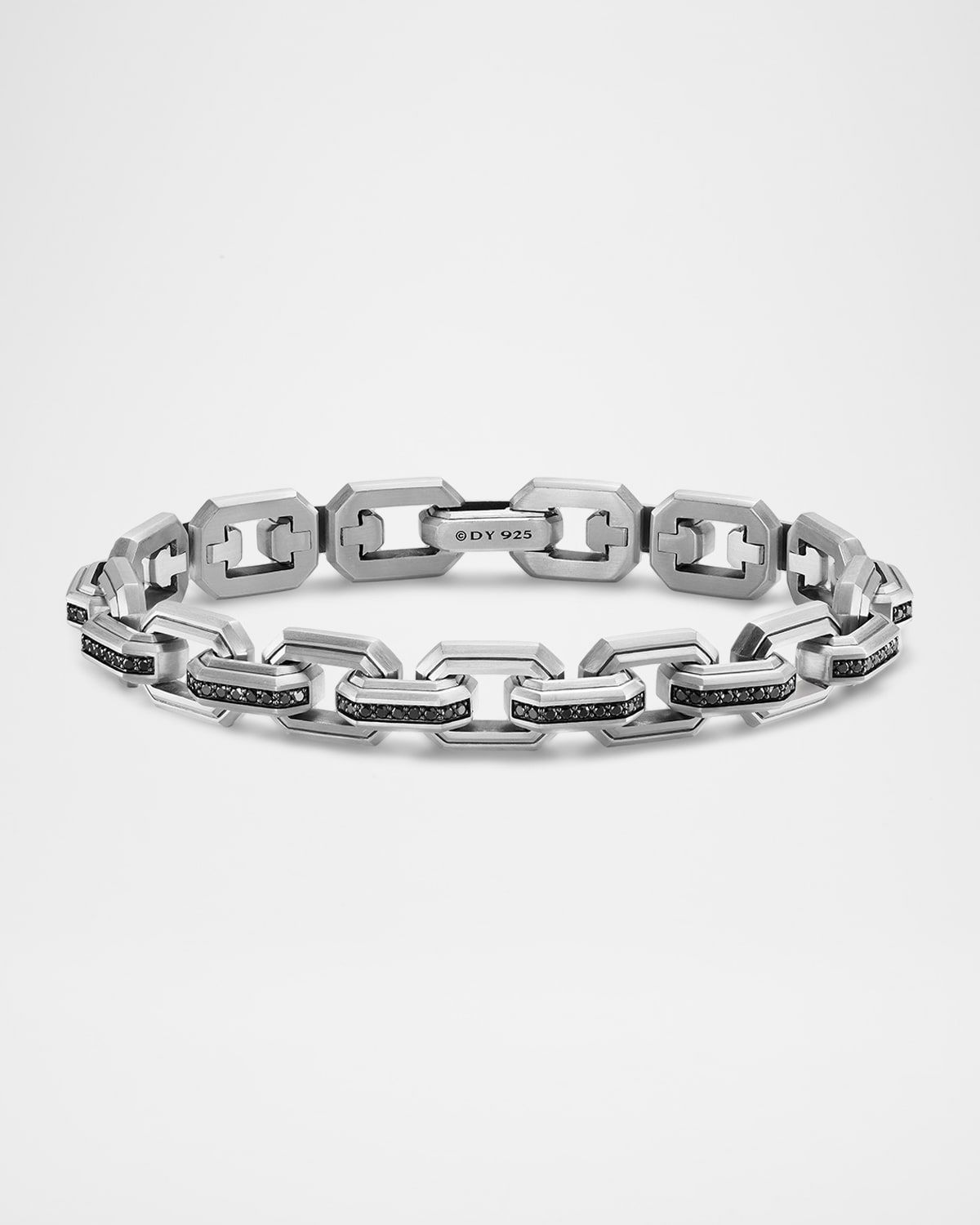 Men & apos;s Faceted Flat Link Bracelet in Silver with Black Diamonds