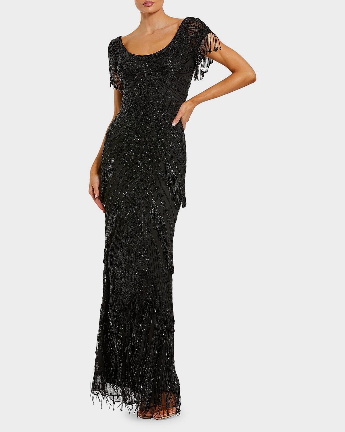 Beaded Fringe Column Gown