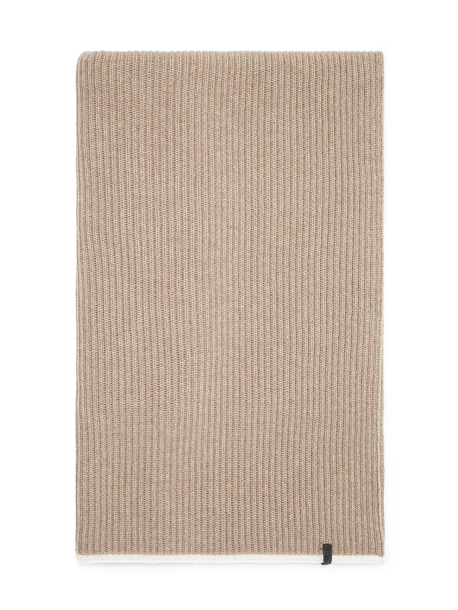 Women's Cashmere English Rib Knit Scarf with Monili - Light Brown