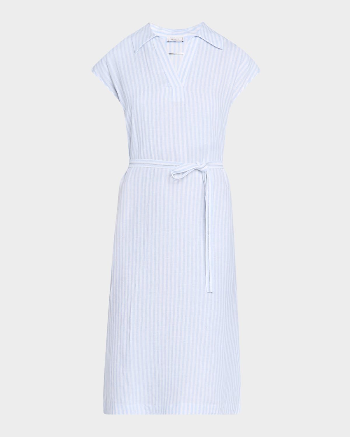 Striped Cap-Sleeve Linen Midi Dress