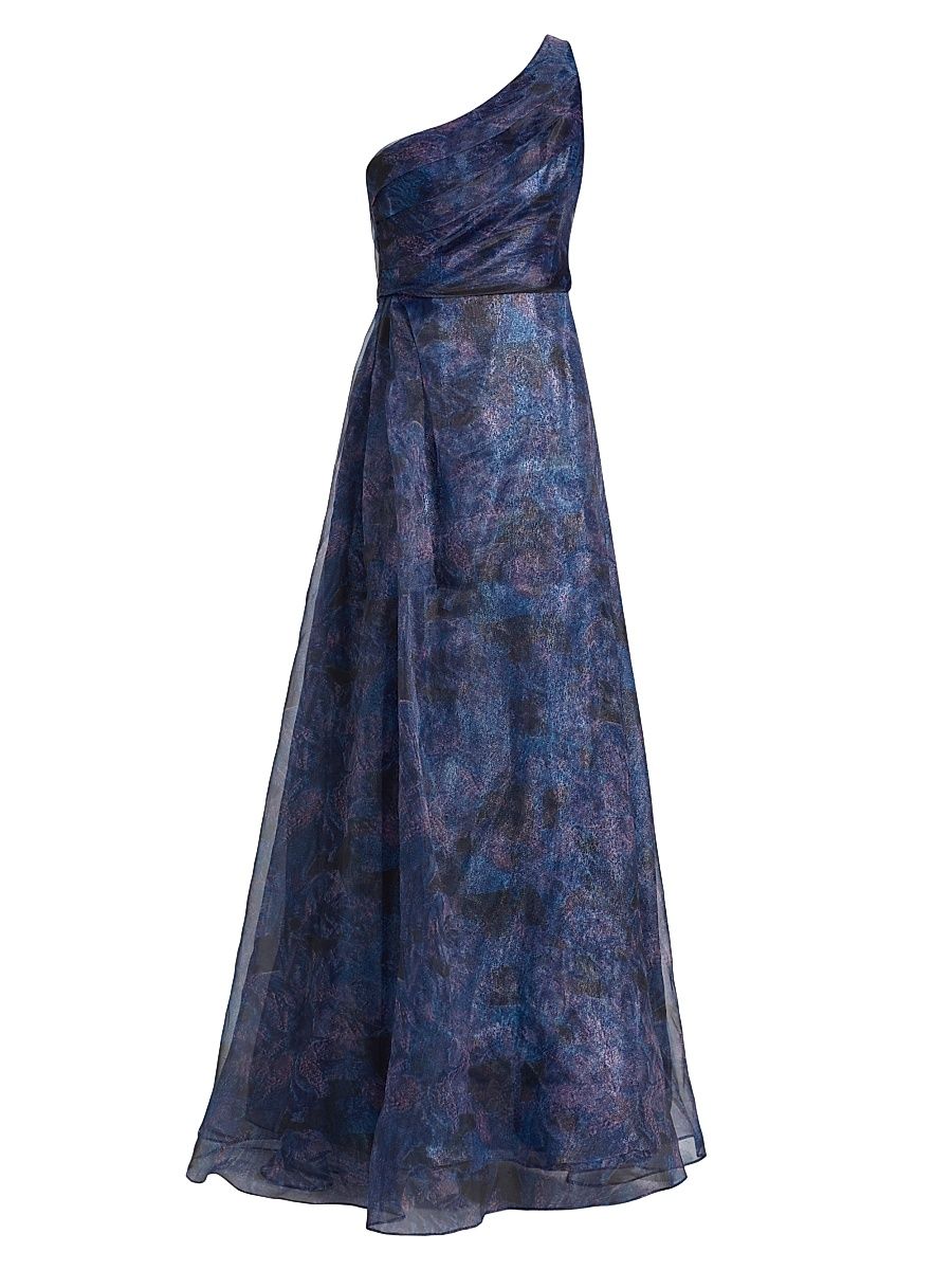 Women's Floral One-Shoulder Organza Gown - Blue Print - Size 8