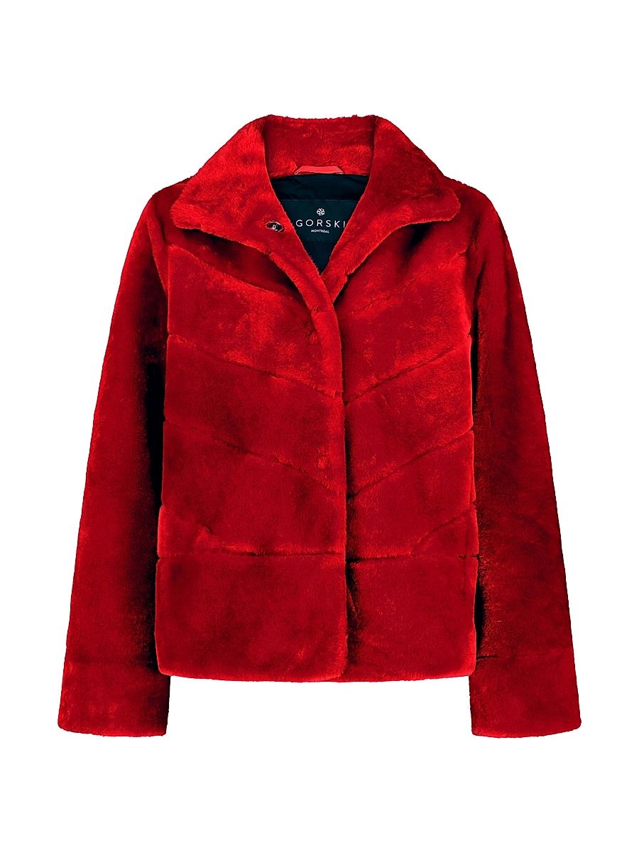 Women's Shearling Lamb Chevron Jacket with Horizontal Bottom - Red - Size Large