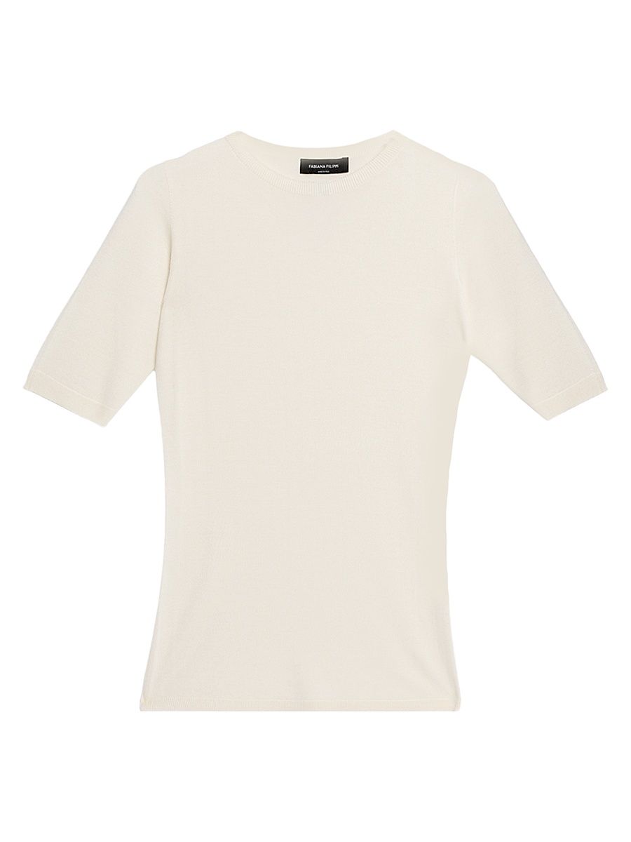 Women's Cashmere-Silk Short-Sleeve Crewneck Sweater - Rafia - Size 14