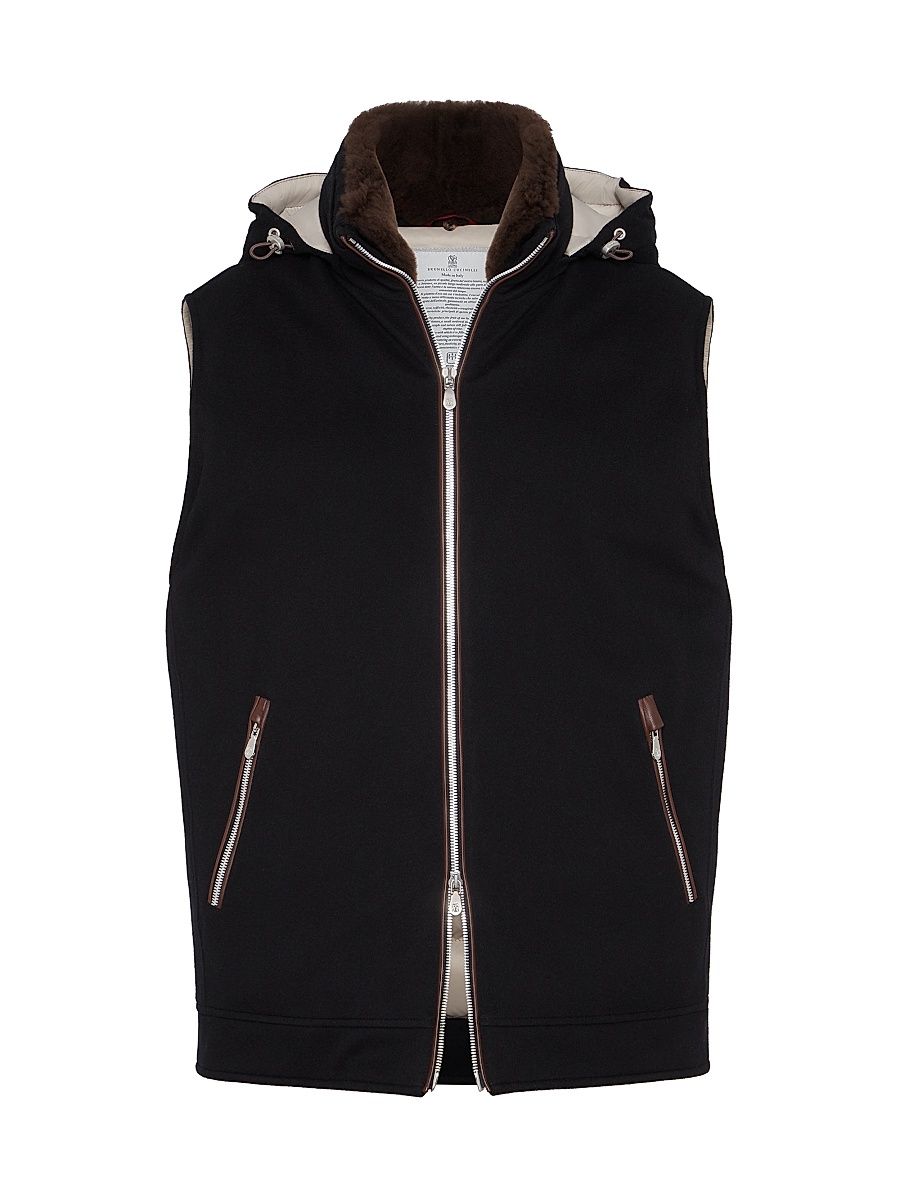 Men's Bonded Wool Flannel Hooded Down Vest with Detachable Shearling Insert - Black - Size XXL