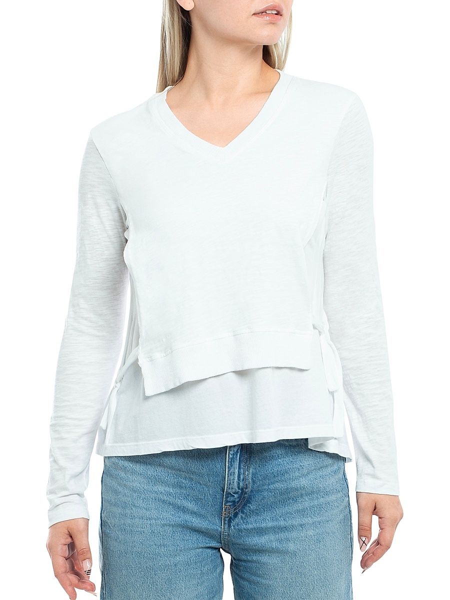 Women's Mixed Media T-Shirt Double Layer Long Sleeve - White - Size Large