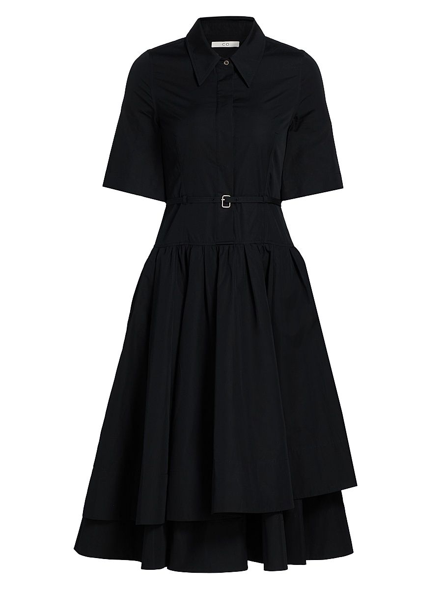 Women's Cotton Belted Midi-Shirtdress - Black - Size Small
