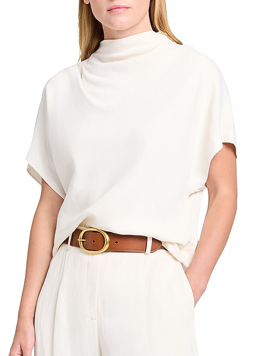 Women's Draped Mock Neck Linen-Blend T-Shirt - Bone - Size Medium