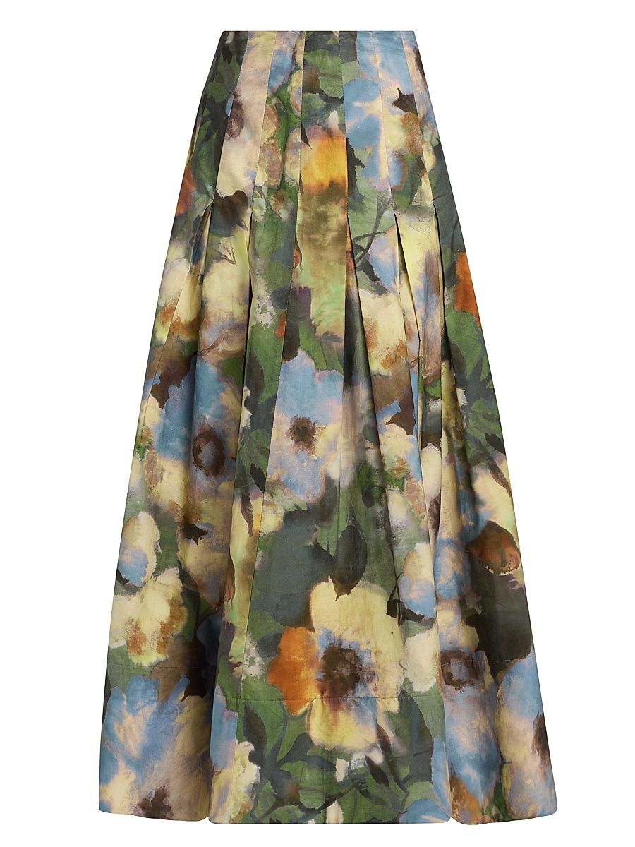 Women's Floral Cotton Pleated Maxi Skirt - Cactus Multi - Size 12