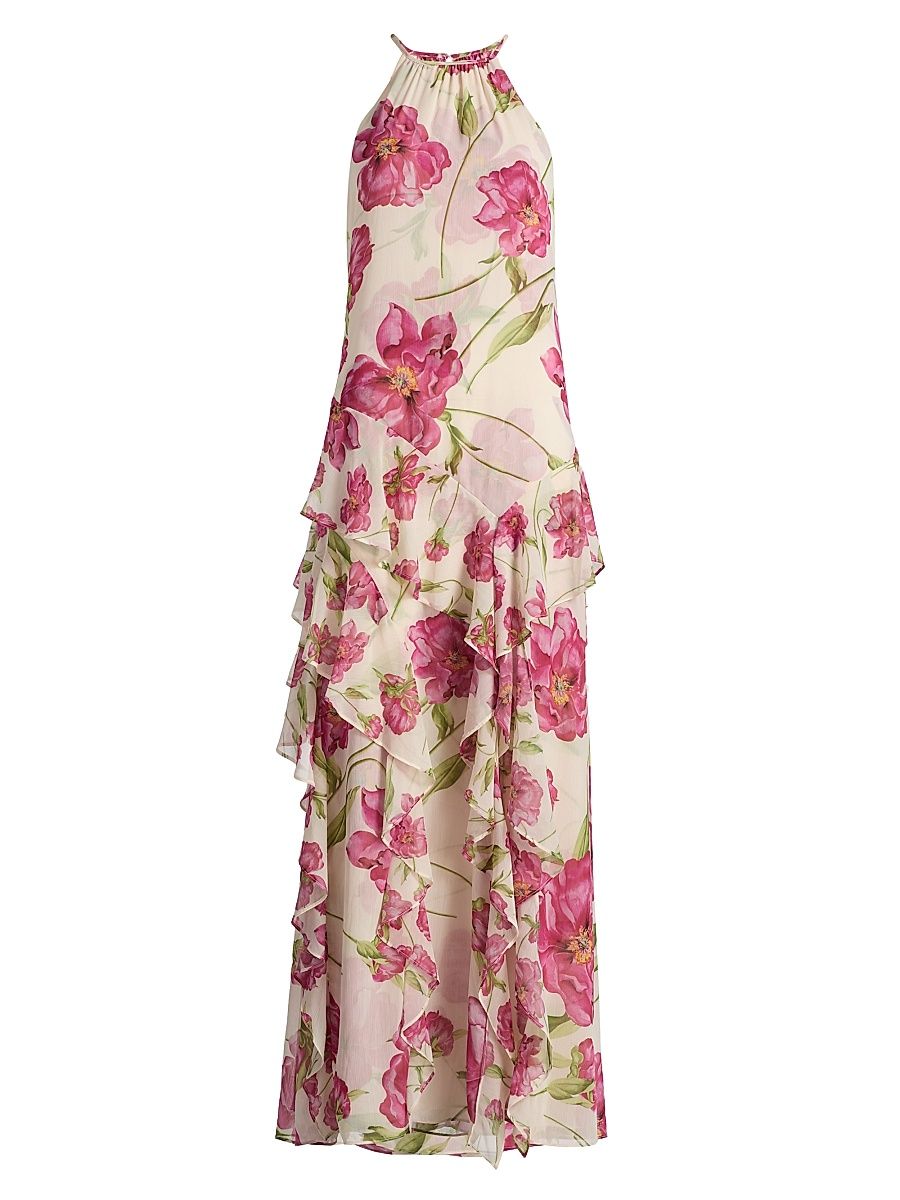 Women's Novah Floral Ruffle Maxi Dress - Fuchsia Blooms - Size Medium
