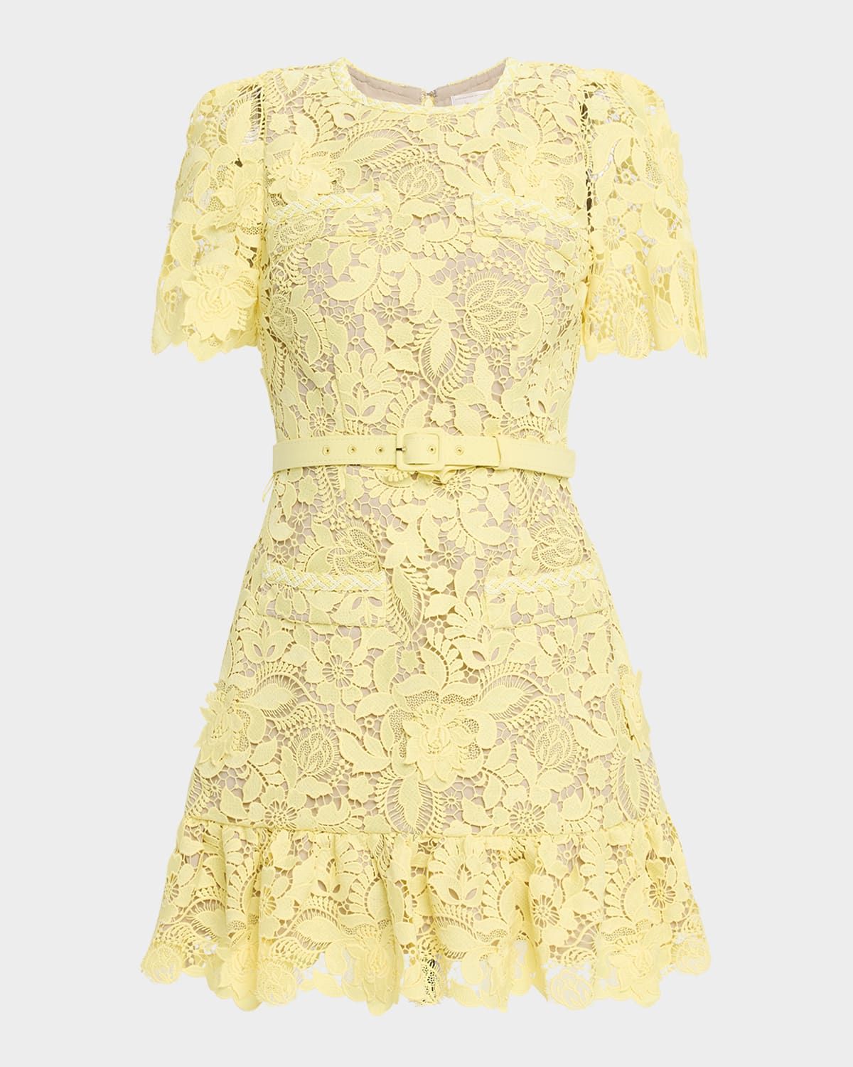 Belted Floral Lace Flounce Mini Dress