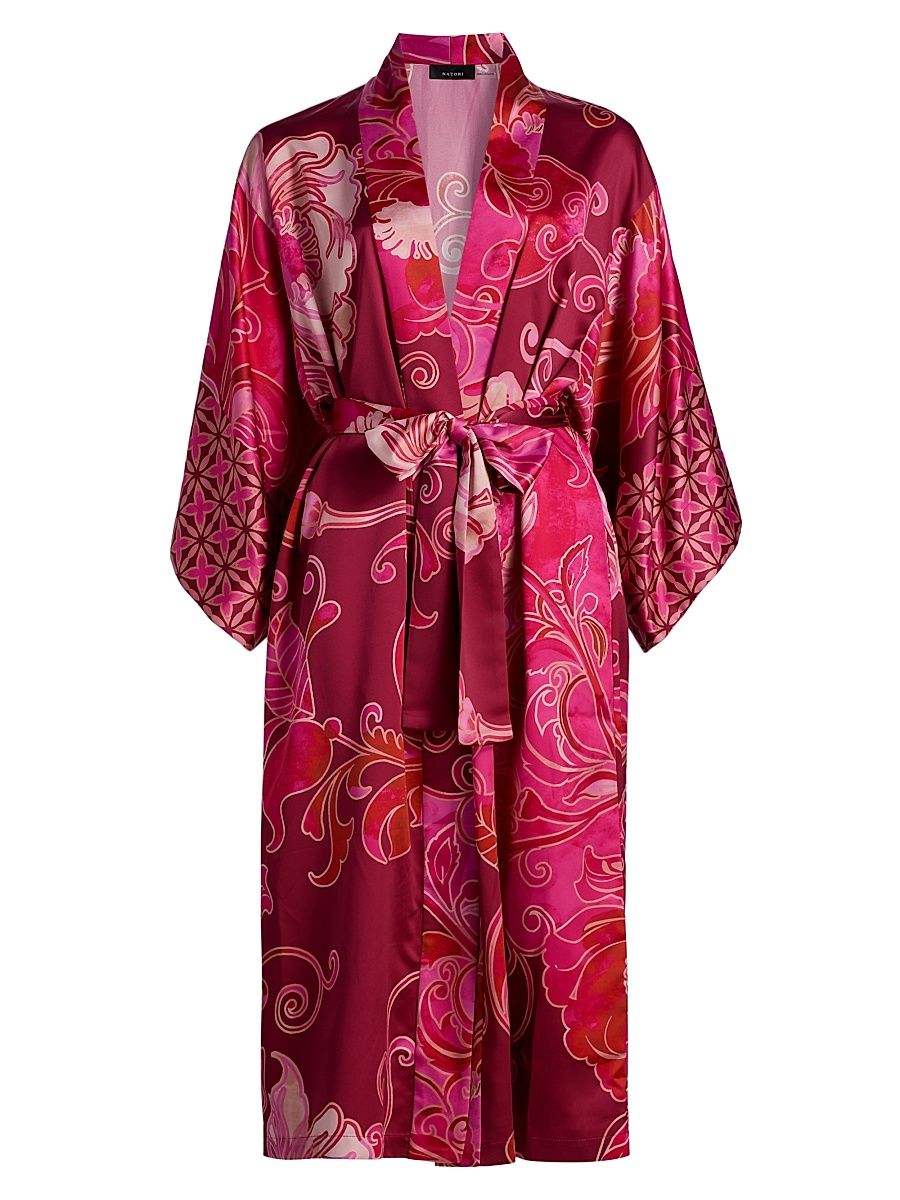 Women's Deco Charmeuse Kimono-Style Robe - Red - Size XL