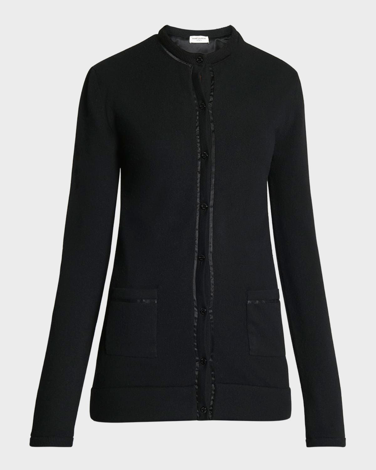 Silk-Trim Crewneck Cardigan