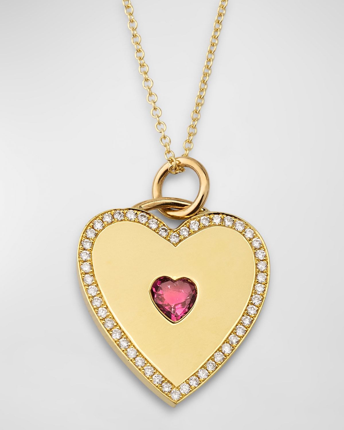 18K Yellow Gold Heart Pendant Necklace with Pink Tourmaline Center and Diamonds