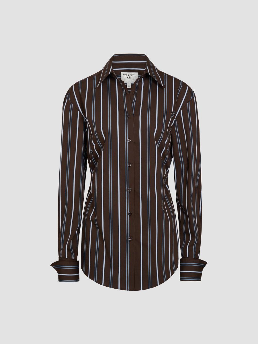 TWP Women's The Night We Met Striped Cotton-Blend Shirt - Chocolate Multi - Size XL