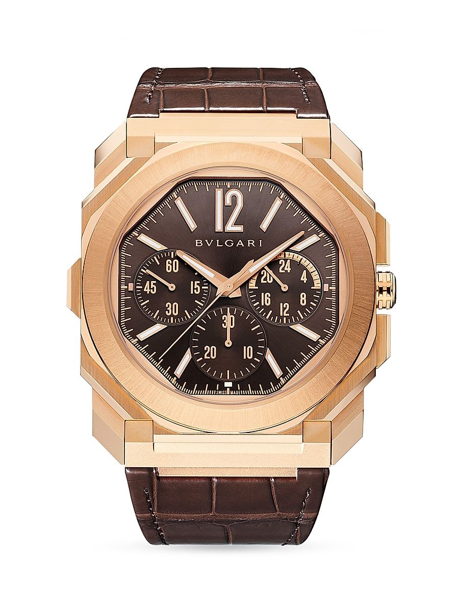 Men's Octo Finissimo 18K Rose Gold & Alligator Leather Chronograph Watch - Brown