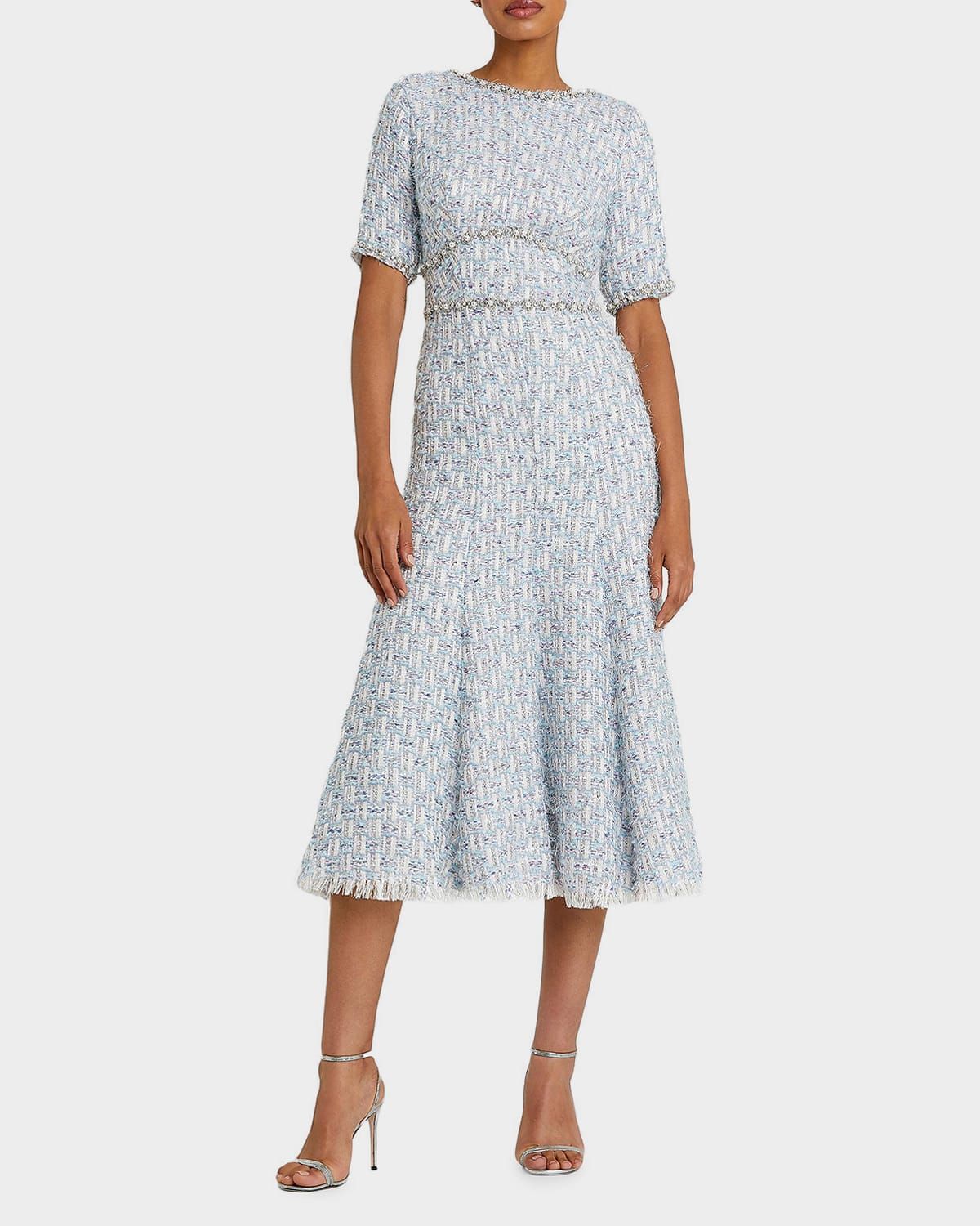 Short-Sleeved Beaded Tweed Midi Dress