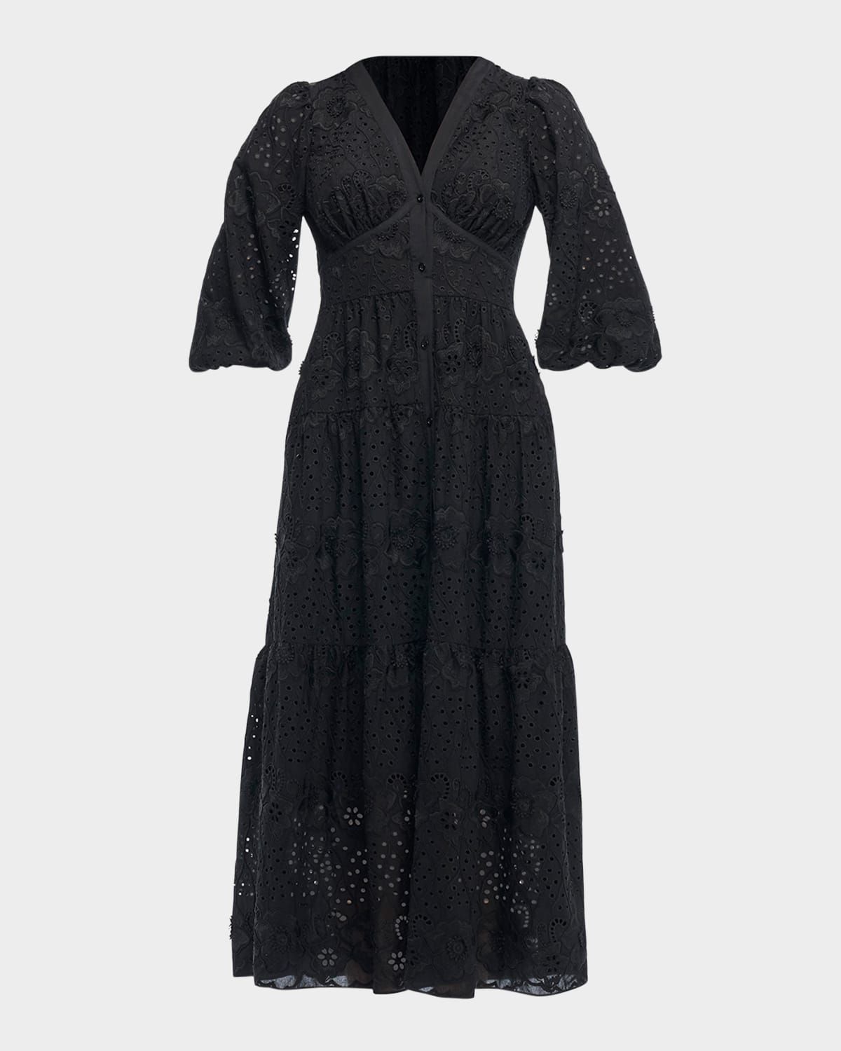 Sicily 3/4-Sleeve Floral Embroidered Midi Dress