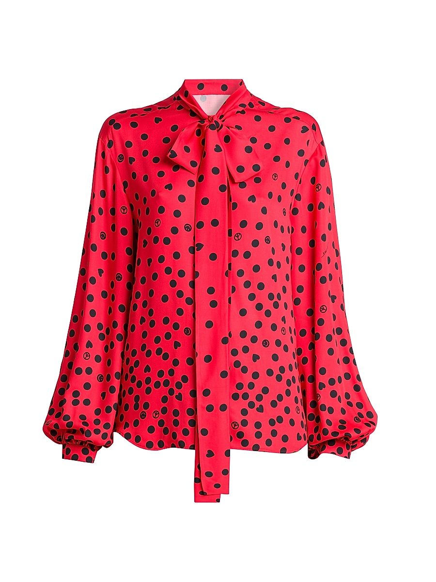 Women's Polka Dot Tie-Neck Blouse - Multi Red - Size 8