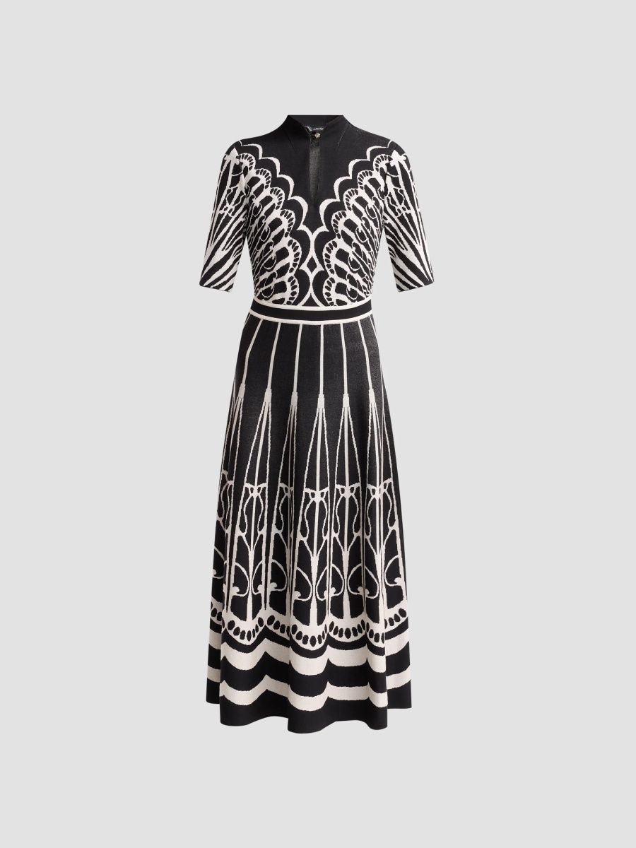 Ming Wang Women's Split Neck A-Line Midi Dress - Black - Size XS