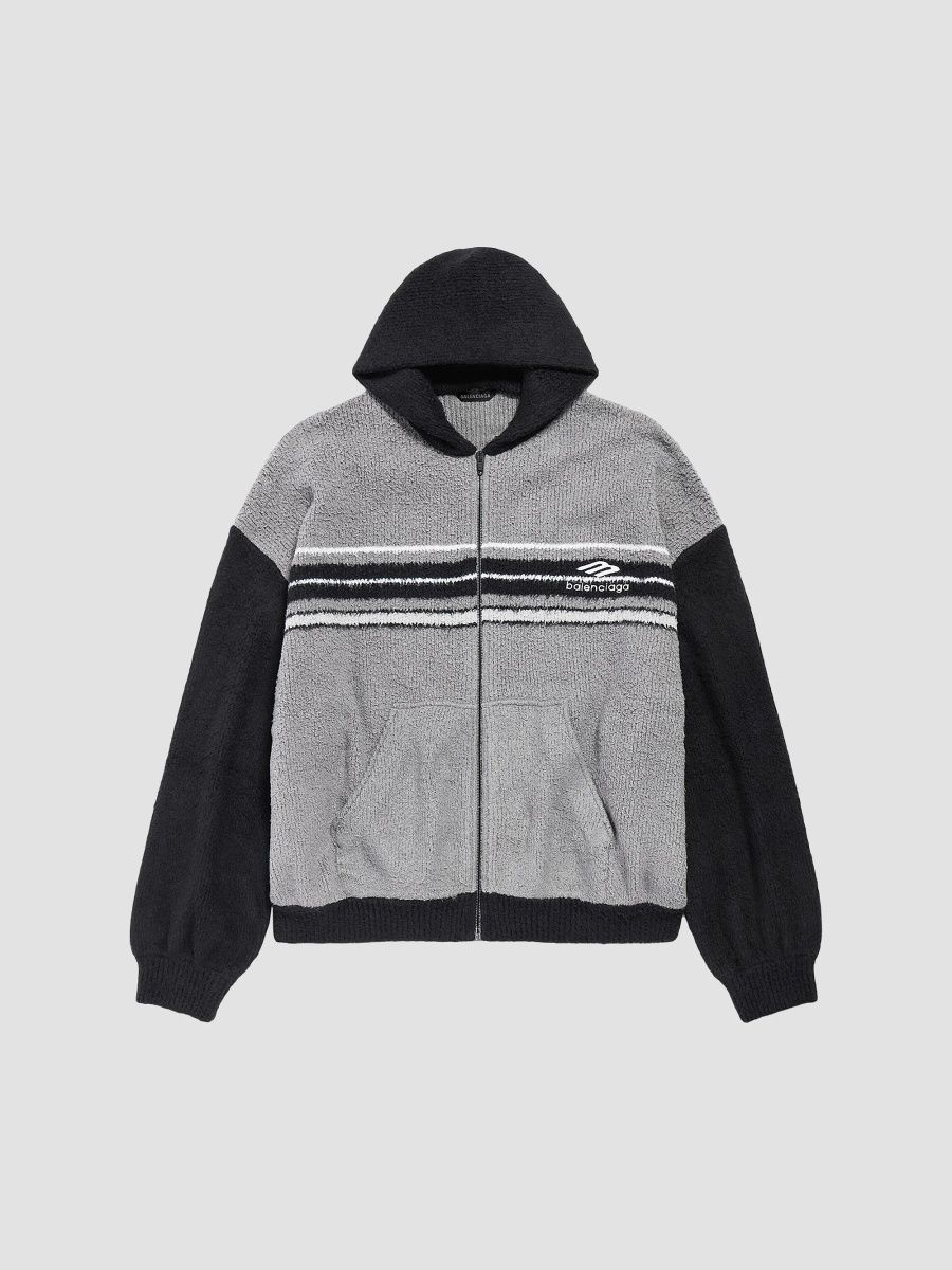 Balenciaga Men's Fluffy Zip-Up Hoodie - Grey Black White - Size Medium