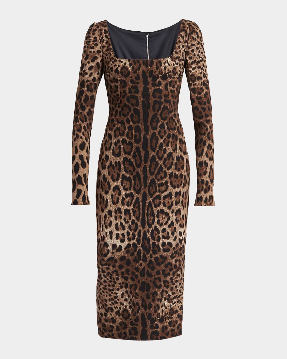 Leopard-Print Cady Long-Sleeve Midi Dress