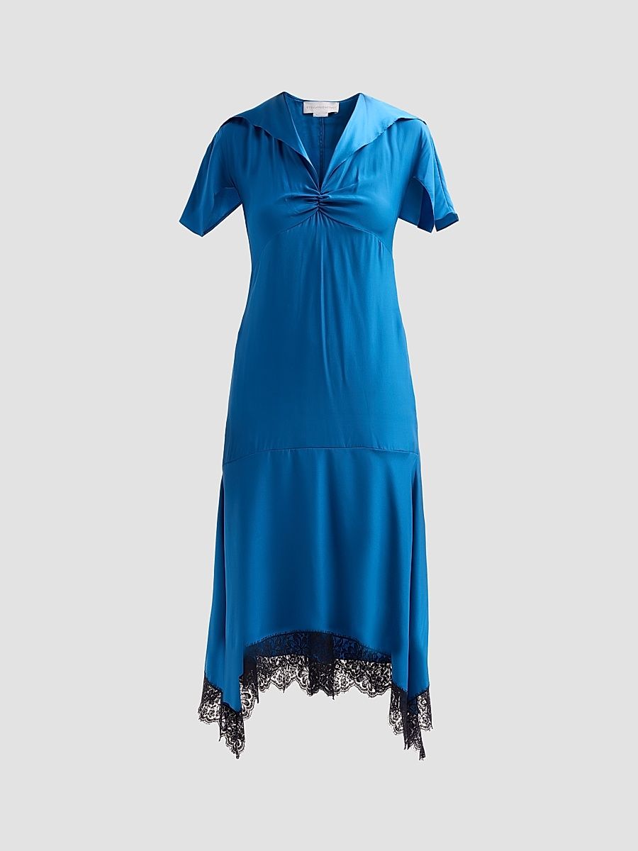 Women's Lace Handkerchief-Hem Silk Midi-Dress - Cobalt - Size 12