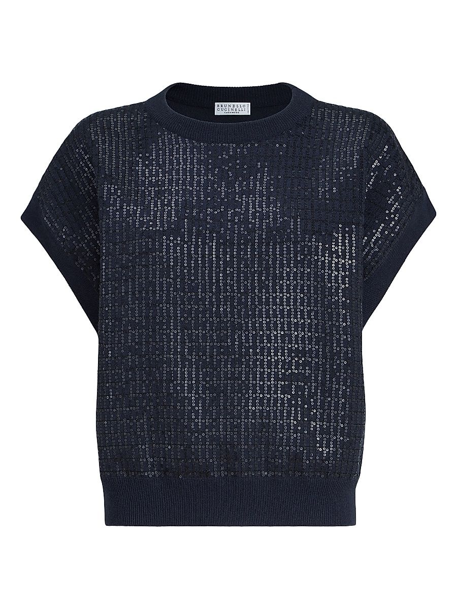 Women's Virgin Wool, Cashmere and Silk Sweater with Dazzling Check Embroidery - Blue - Size XXXL