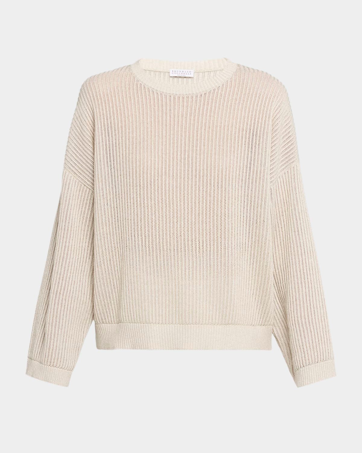 Metallic Openwork Cotton Rib Crewneck Sweater