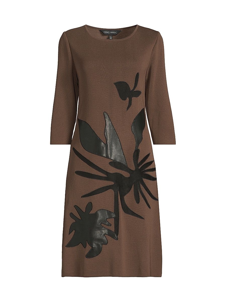 Women's Missy Faux-Leather Appliqué Knit Knee-Length Dress - Dark Umber Black - Size XL